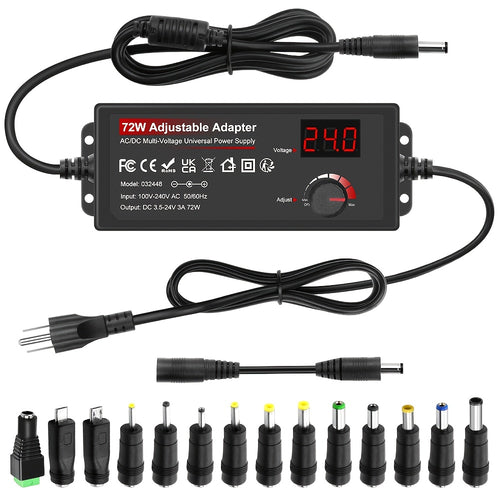 Adjustable DC Power Supply Adapter 72W 3-24V with LCD Display – AC 100-240V to DC Knob-Adjustable Power Adapter, 14 Connector Tips, Polarity Converter, for LED Strips, Routers, Smart Devices Canada