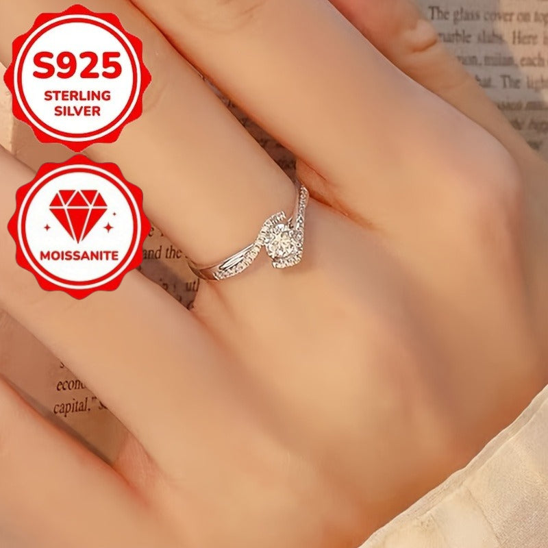Elegant Moissanite 925 Sterling Silver Ring, Suitable for Daily And Gift Occasions, Valentine'S Day Jewelry, Hollowed Twisted Four-Claw Circular Engagement Ring