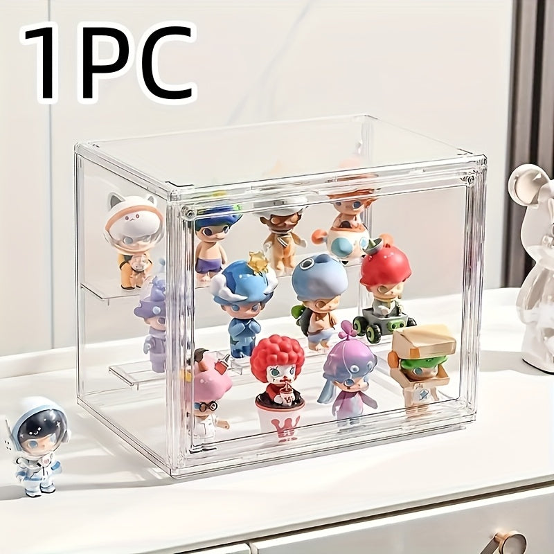 Transparent Acrylic Display Case with Magnetic Door & 2 Removable Dividers - Dustproof Stackable Showcase for Figures, Collectibles, Handbags & Cosmetics