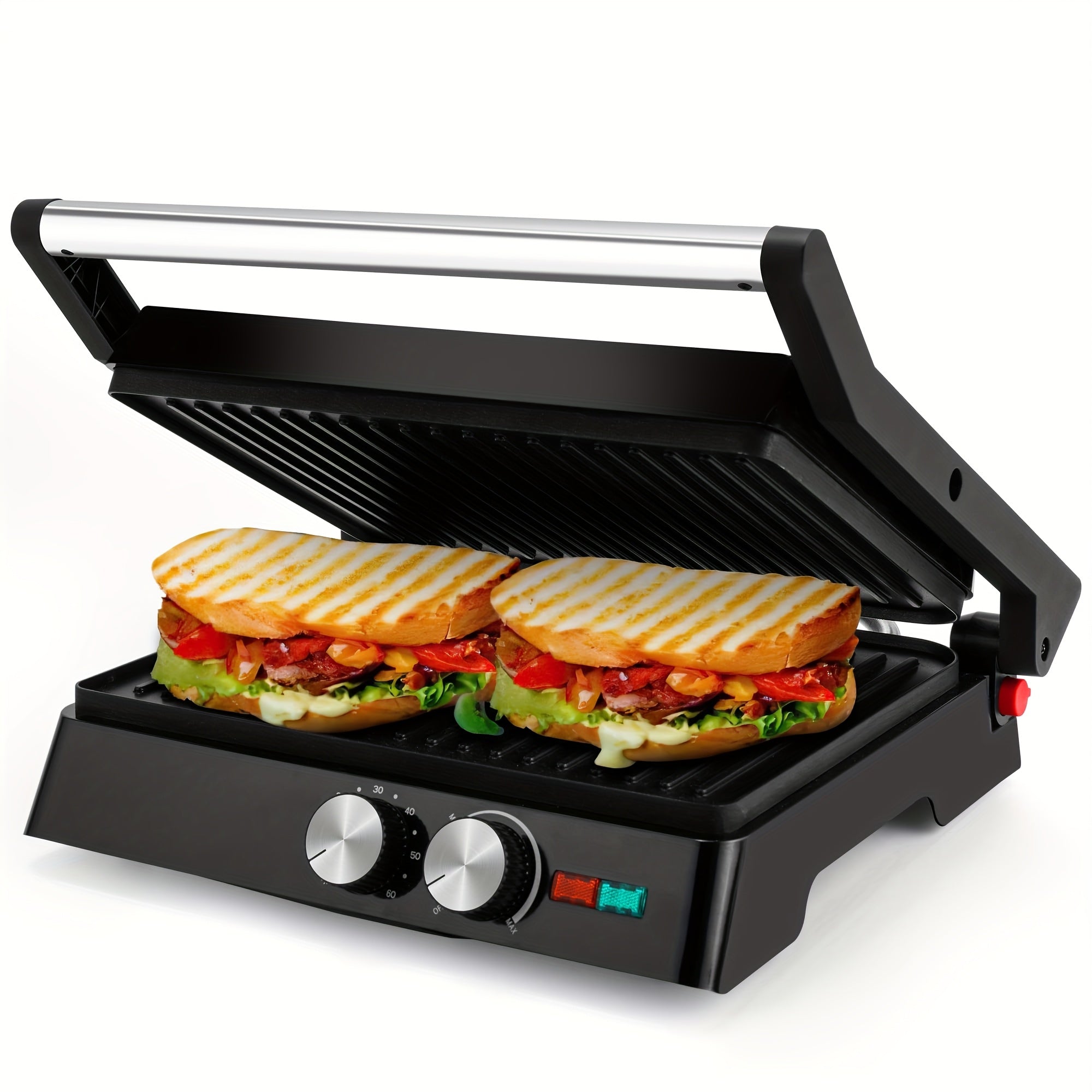 Electric Contact Grill 3-in-1 Indoor Panini Press & Sandwich Maker with Non-Stick Stainless Steel Plates, 180° Opening, Floating Hinge, Grease Tray & Preheat Indicator – Compact Countertop Grill for Burgers, Steaks & Wraps