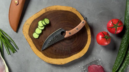 Hand-Forged Chef Knife with Hammered Pattern Blade, Full-Tang Curved Riveted Handle with Leather Sheath & Gift Box, Professional Kitchen Knife for Meat Fish Vegetables, Outdoor Camping BBQ