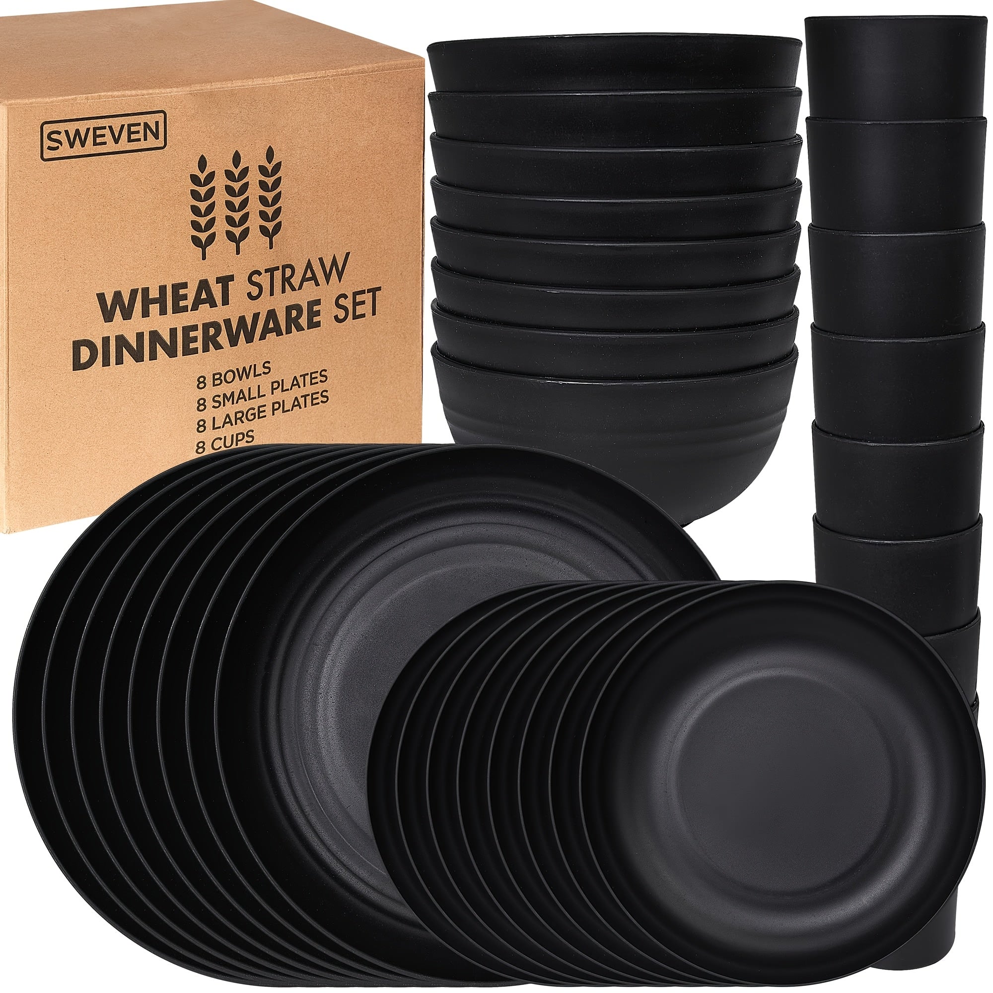 16/32pcs Plastic Dinnerware Set, Dinner Plates, Dessert Plates, Cereal Bowls & Cups, Dishwasher & Microwave Safe, Durable Lightweight – Camping, Family, RV & Outdoor Use – Black, White, Multicolour