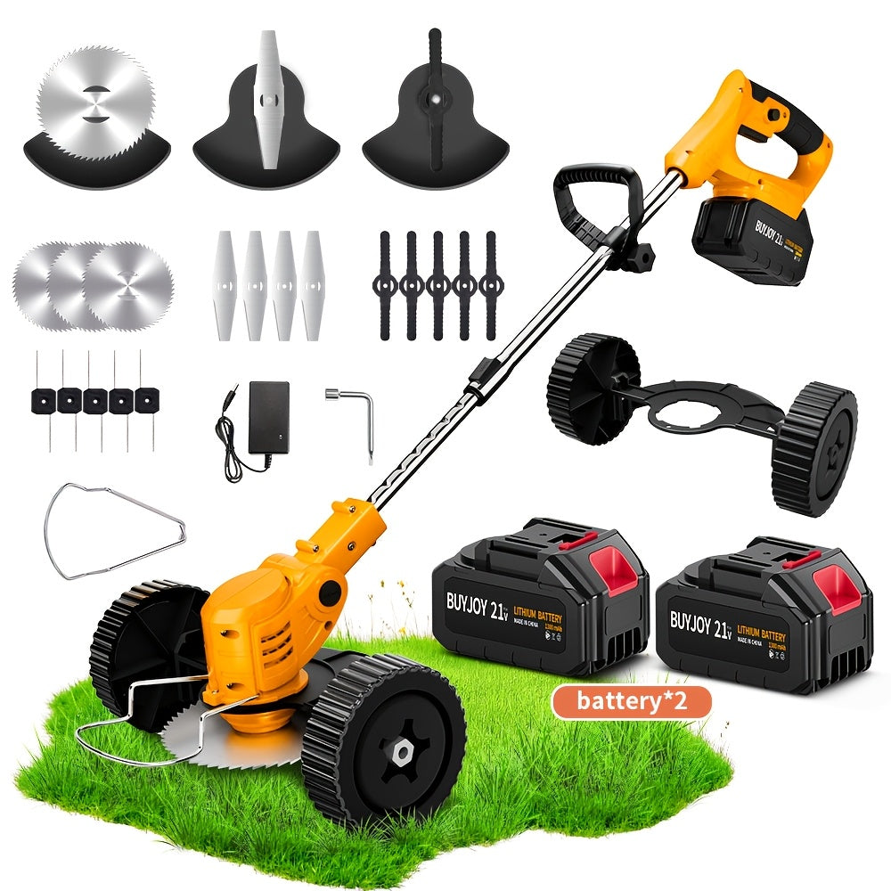 3-in-1 Cordless String Trimmer Lawn Mower & Brush Cutter with Dual Battery, Multiple Blade Types & Wheeled Design – Lightweight Electric Weed Eater for Lawn, Garden & Yard Trimming, Great Father's Day Gift