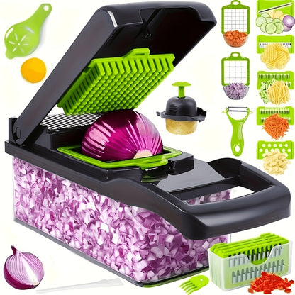 Manual Food Processor 16-in-1 – Vegetable Chopper Slicer Dicer with Grater, Shredder, Strip Cutter & Drain Basket, One-Button Operation, Perfect for Onions, Carrots, Potatoes & Meal Prep