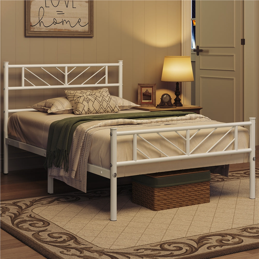 ALDEN DESIGN Bed Frame, Metal Platform Bed Frame, Minimalist Metal Platform Bed with Arrow Design Headboard and Footboard, metal bed foundation, Underbed Storage for Luggage, Shoes, Bags, No Box Spring Needed, White/Black, Twin/Full/Queen Size