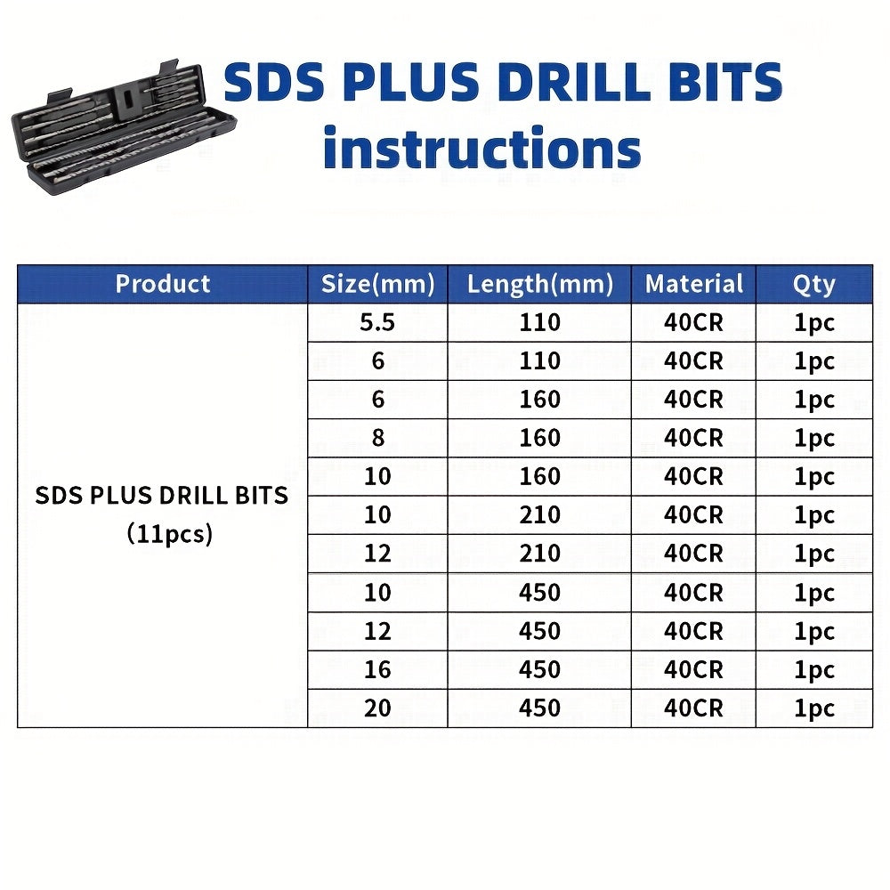 11pcs SDS PULS Hammer Drill Bits Set, SDS Plus Concrete Masonry Hole Tool Drill Bits for Concrete, Stone, Brick, with Portable Storage Case110mm/160mm/210mm/450mm Long Drill Bit