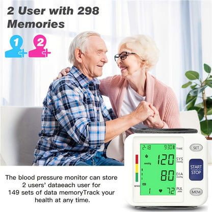Wrist Blood Pressure Monitor with Tri-Color LCD Display – Adjustable Cuff, Heart Rate & Irregular Heartbeat Detection, 99 Memory, Dual User Mode, USB/Battery Powered