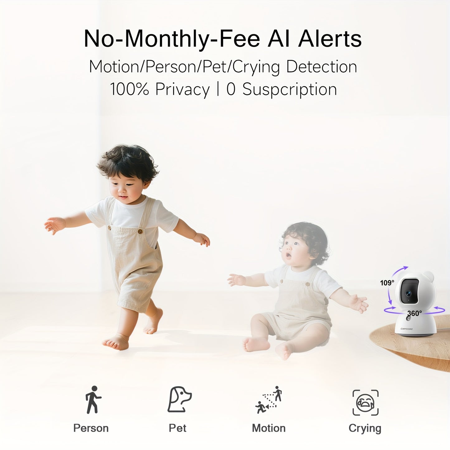 2.5K Indoor Security Camera WiFi Pan Tilt, AI Person Pet Baby Cry Detection, No Subscription, Color Night Vision, 2-Way Audio, SD & Cloud Storage – Home Security Camera