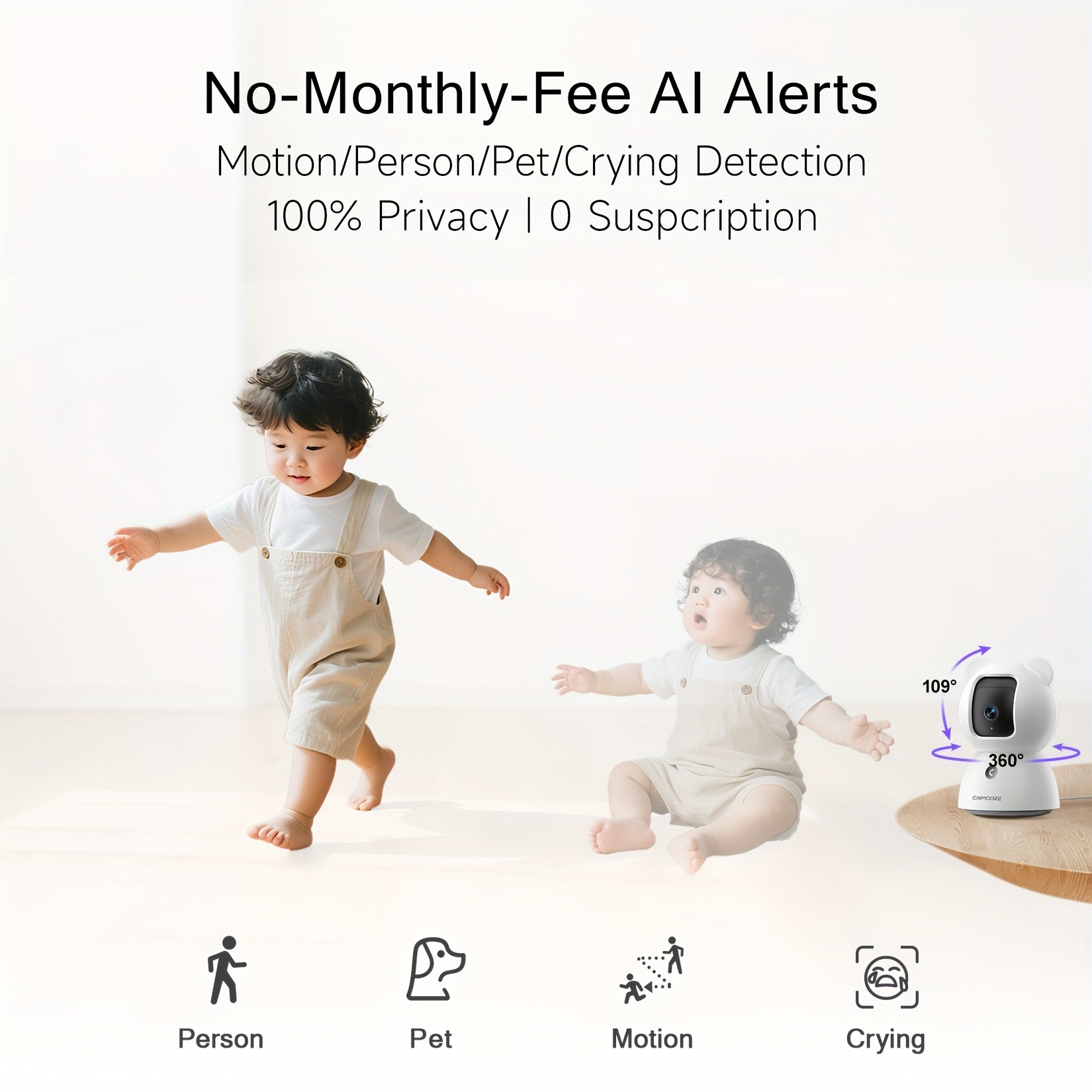 CINMOORE 2.5K Security Camera Indoor, Non-Subscription AI Person/Pet/Cry Detection, 4MP Pet/Dog/Cat Camera W/Phone App, Pan Tilt 2.4GHz WiFi Cameras For Home Security, IR Night Vision, Full Duplex 2-Way Audio