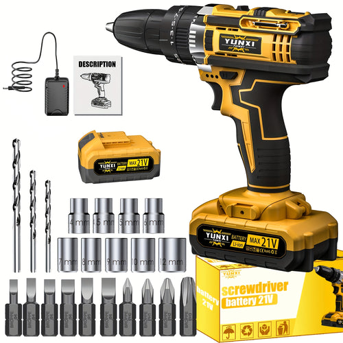 21V Cordless Drill Electric Screwdriver – Lithium Impact Drill Kit with Multifunctional Pistol Grip, Rechargeable Power Tool for Home & DIY