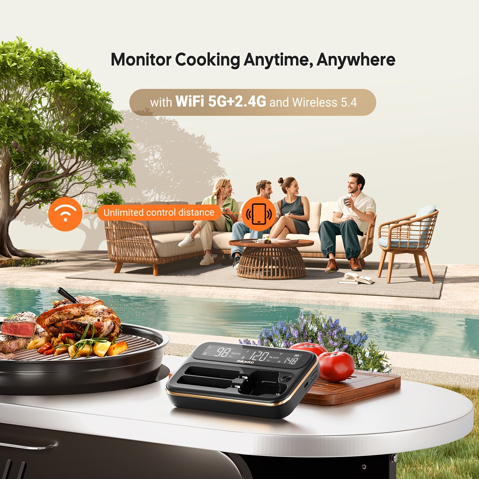300ft/91m BBQ Thermometer, Wireless Meat Thermometer, Food Grade Stainless Steel Probe, Dual Sensors, 26 Meat Menus, Target Temperature Alert, Rechargeable Base, for BBQ Grills Smokers Grills, Halloween Gifts, Christmas Gifts