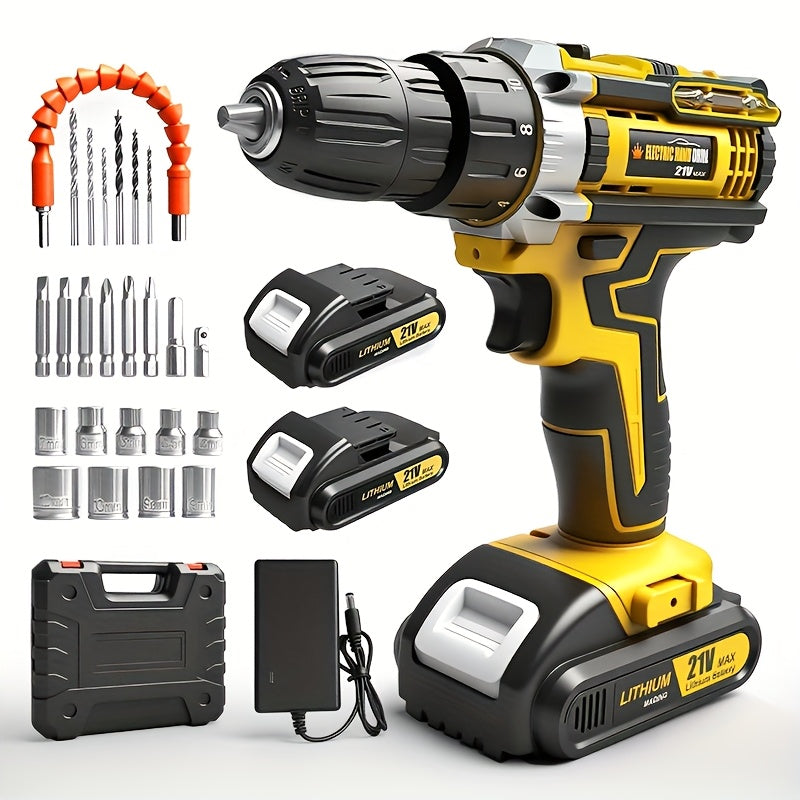 Lithium-Ion Cordless Drill Set with Battery & Charger – 3/8" Keyless Chuck, Variable Speed, 16-Position Clutch & 24 Drill Bits | Home & Automotive Power Tool | Red, Yellow or Blue | ShopVora CA