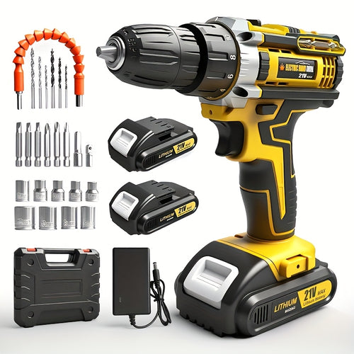 Lithium-Ion Cordless Drill Set with Battery & Charger – 3/8" Keyless Chuck, Variable Speed, 16-Position Clutch & 24 Drill Bits | Home & Automotive Power Tool | Red, Yellow or Blue | ShopVora CA