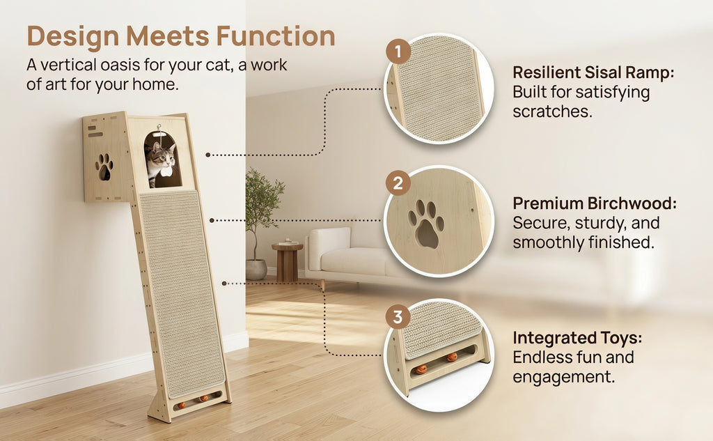 Wall Mounted Indoor Cat Tree Tower for Large Cats And Kittens, 59 Inch Wood Cat Tree with Spacious Cat Cave, Scratching Board And Pom-Pom Toy, Space-Saving Cat Furniture for Small Apartments, Canadian Stock