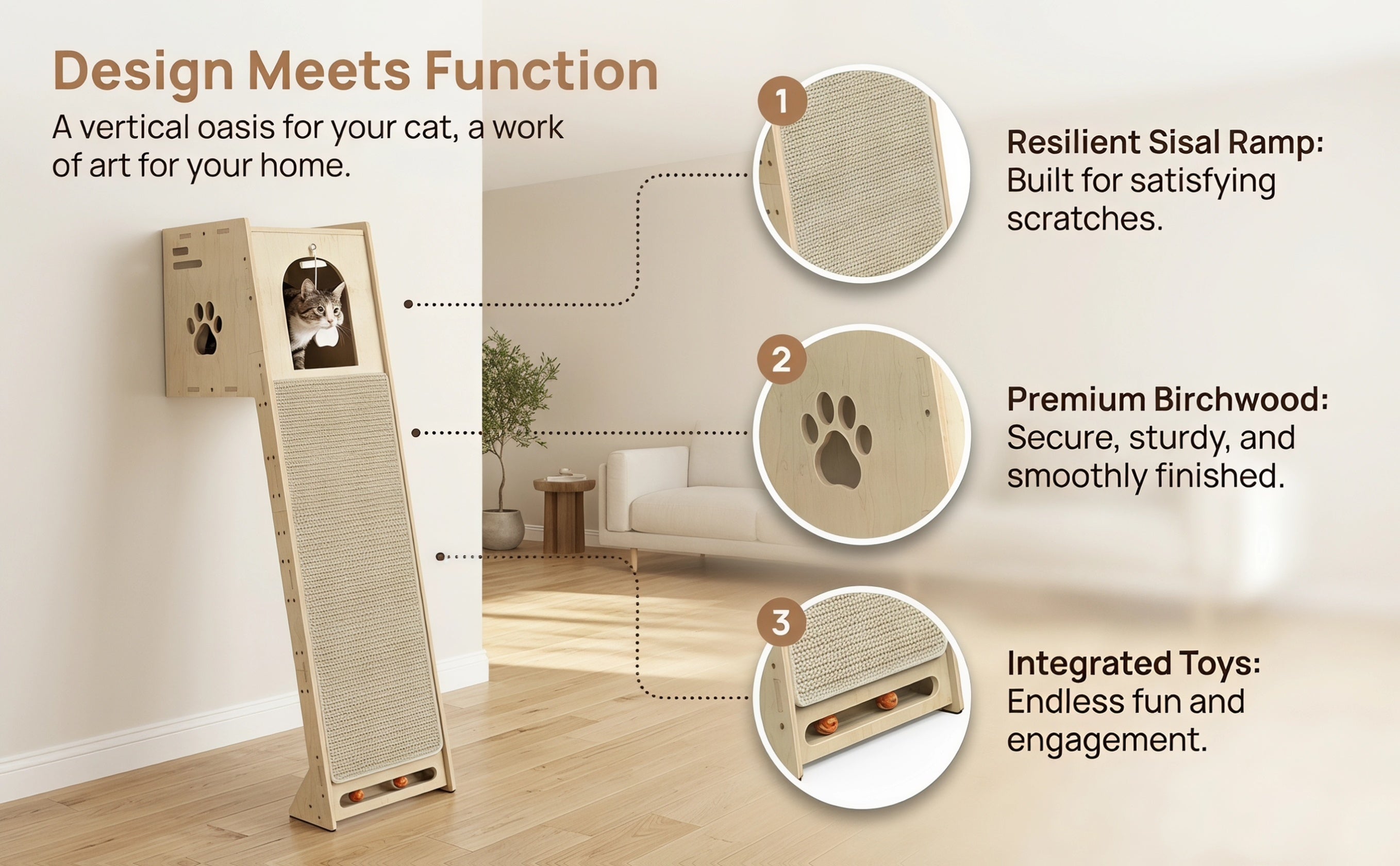 Wall Mounted Indoor Cat Tree Tower for Large Cats And Kittens, 59 Inch Wood Cat Tree with Spacious Cat Cave, Scratching Board And Pom-Pom Toy, Space-Saving Cat Furniture for Small Apartments, Canadian Stock