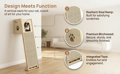 59-Inch Wall Mounted Cat Tree Tower for Large Cats & Kittens – Space-Saving Birch Wood Cat Furniture with Cave, Sisal Scratching Board & Interactive Toys for Small Apartments