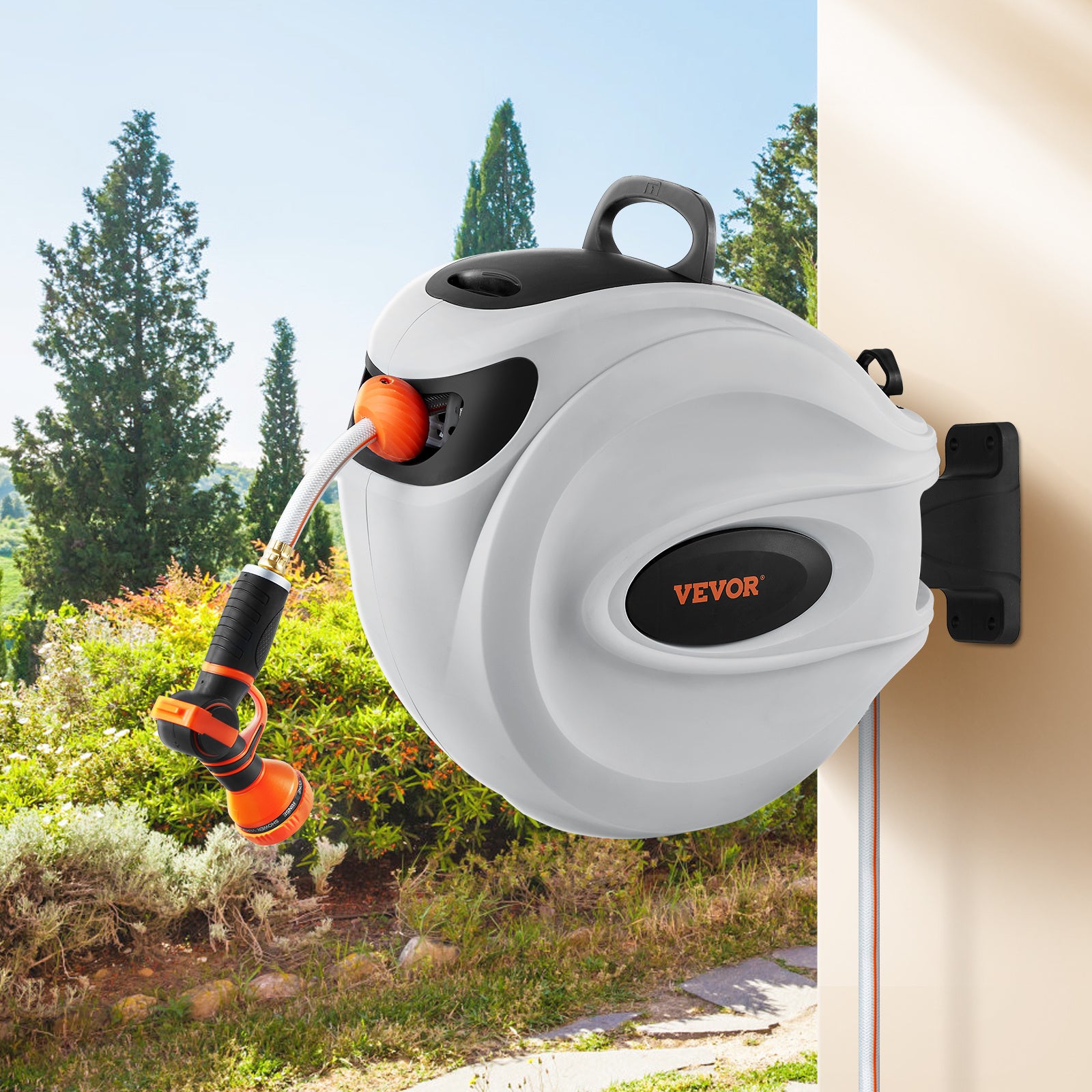 VEVOR Retractable Hose Reel Water Hose Reel 65'x5/8" / 84'x5/8" / 100'x1/2" / 115'x1/2" / 130'x1/2" 180° Swivel Wall-Mounted