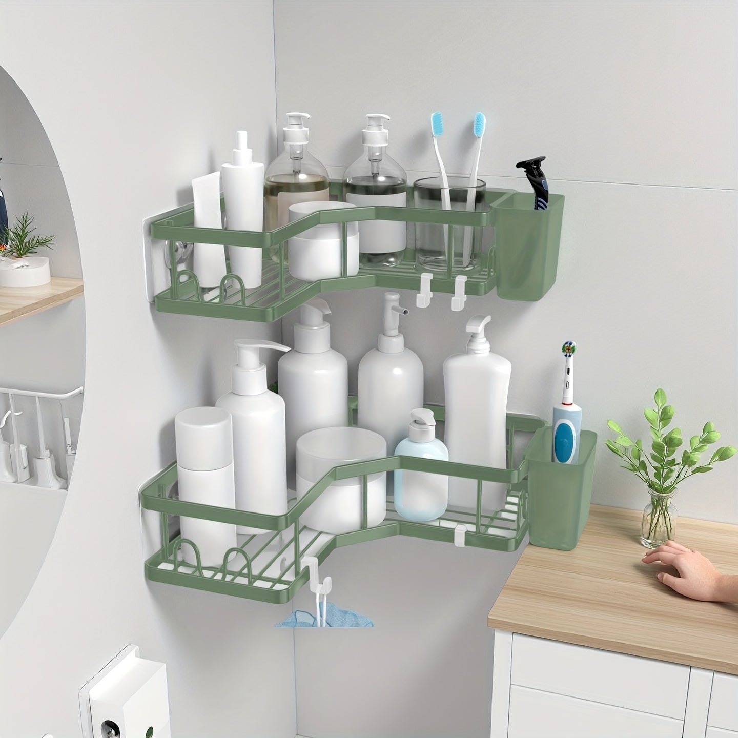 Corner Shower Caddy 2 Pack Adhesive No Drilling – Stainless Steel Shower Corner Shelf Organizer with Hooks & Toothpaste Holder for Bathroom, Kitchen & Dorm Storage