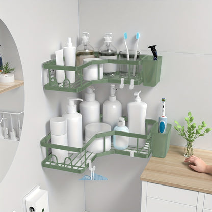 Corner Shower Caddy 2 Pack Adhesive No Drilling – Stainless Steel Shower Corner Shelf Organizer with Hooks & Toothpaste Holder for Bathroom, Kitchen & Dorm Storage