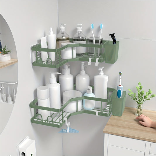 Corner Shower Caddy, 2 Pack Adhesive Shower Corner Organizer Shelves, No Drilling Stainless Steel Shower Storage Rack with Hooks&Toothpaste Holder for Bathroom, Dorm and Kitchen