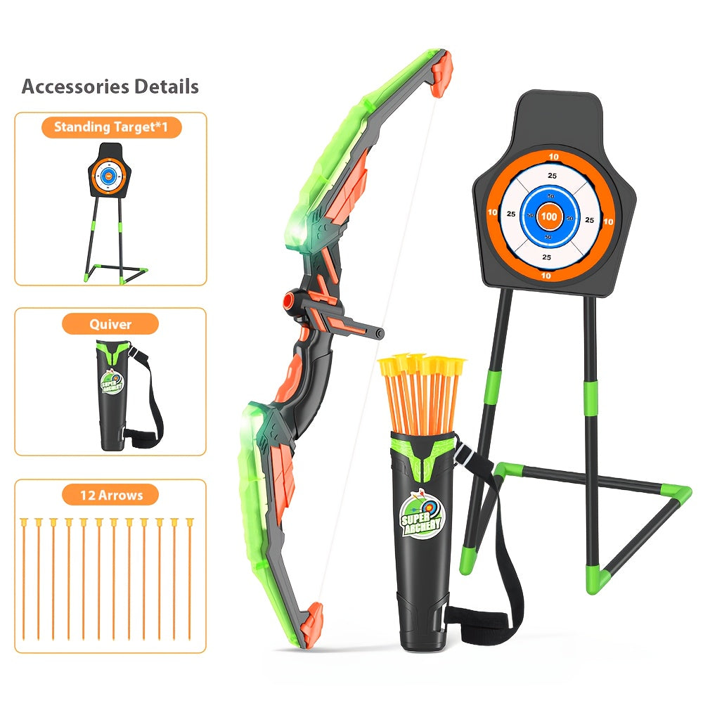 Bow and Arrow Archery Toy Set for Kids – 2 Bows, 24 Suction Cup Arrows & 29" Illuminated Dart Board, Indoor Outdoor Gift for Boys & Girls Ages 3-12