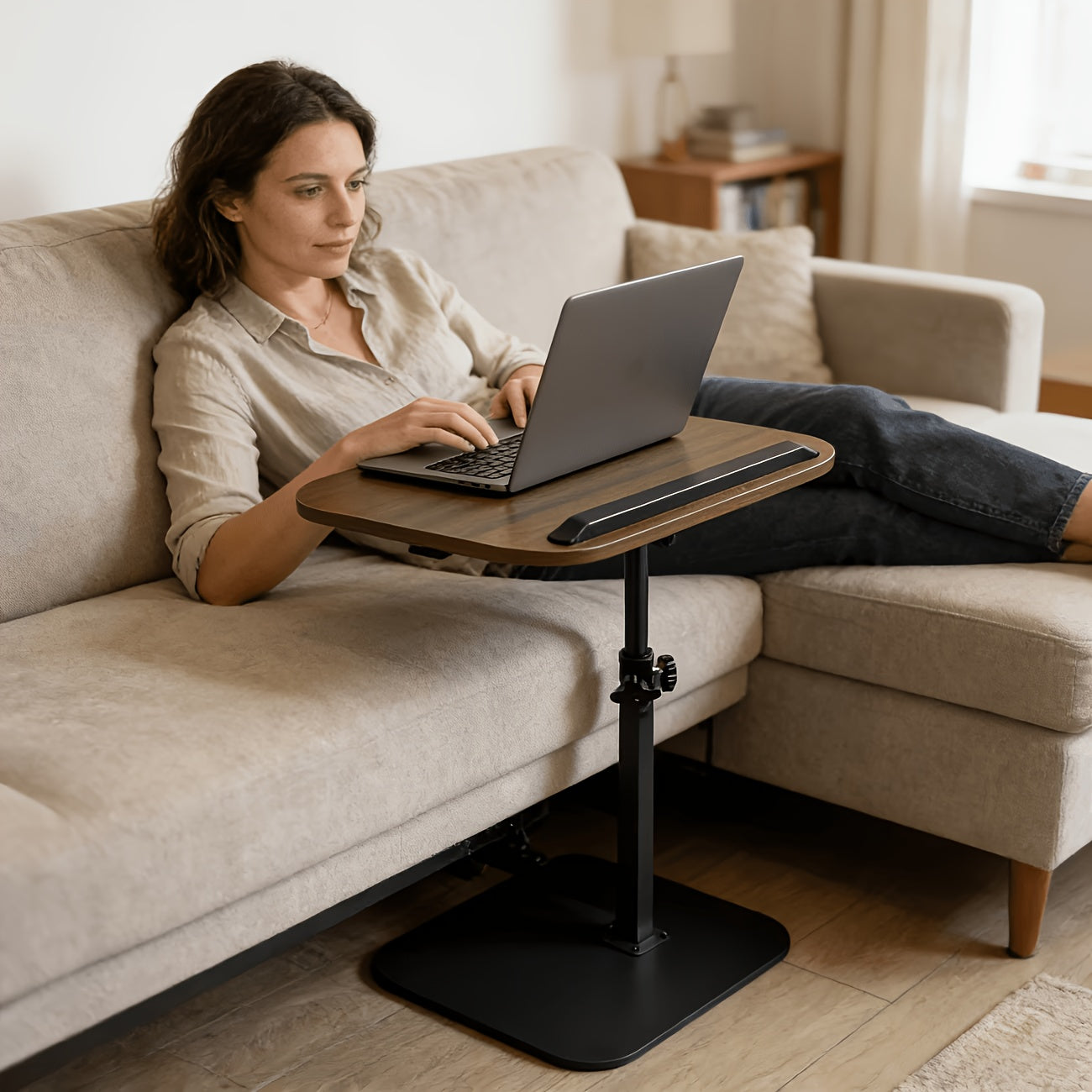 1pc Adjustable Height Computer Workstation Side Table - Fashionable Metal Frame with Wooden Top, Suitable for Living Room, Bedside, Corner Coffee Table, Multi-Functional Tray, Mobile C-Shaped Home Office Desk - Lift Table for Reception Room, RV