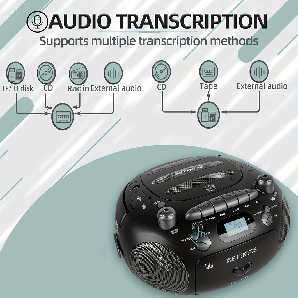 Retekess TR630 CD & Cassette Player Combo, Portable Boombox, AM/FM Radio, Supports Stereo Sound, USB, Micro SD, CD Player for Home, with Recording, MP3 Playback, Tape Recording, TF/USB Drive, Headphone Jack, Stereo Sound, Bass Boost Function