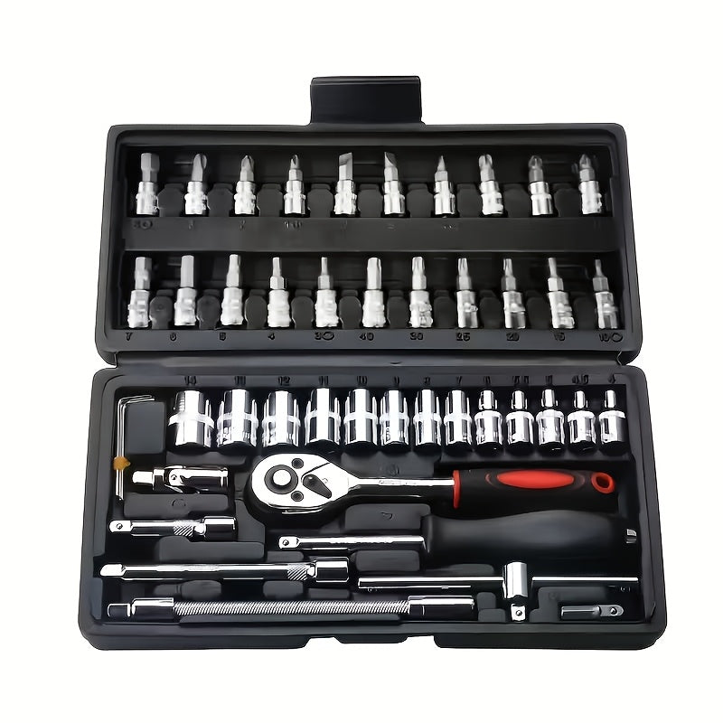 A Set of 46pcs Black Multi-Purpose Vehicle-Mounted Vehicle Repair Tool Box, Motorcycle Repair Tool Set with Plastic Storage Box, Suitable for Various Purposes Such As Automobiles, Motorcycles, Bicycles, Mechanical Repair And Maintenance