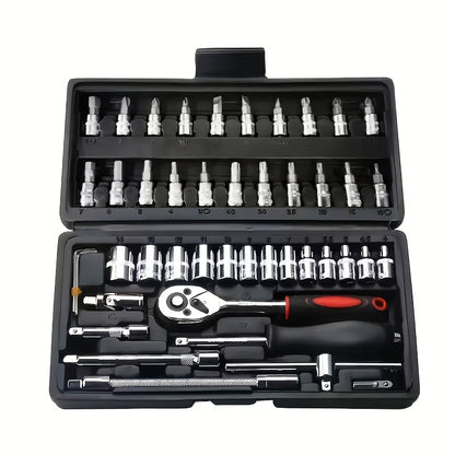 46-Piece Vehicle Repair Tool Kit with Storage Box – Multi-Purpose Mechanic Tool Set for Cars, Motorcycles & Bicycles, Portable Black Plastic Case – Auto Maintenance Canada