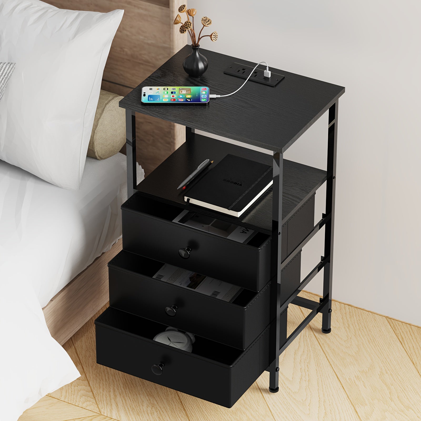 AMHANCIBLE Nightstands 1/2pcs, Modern Night Stand with 3 Fabric Storage Drawers, with Charging Station, Suitable for Living Room And Bedroom, Spring