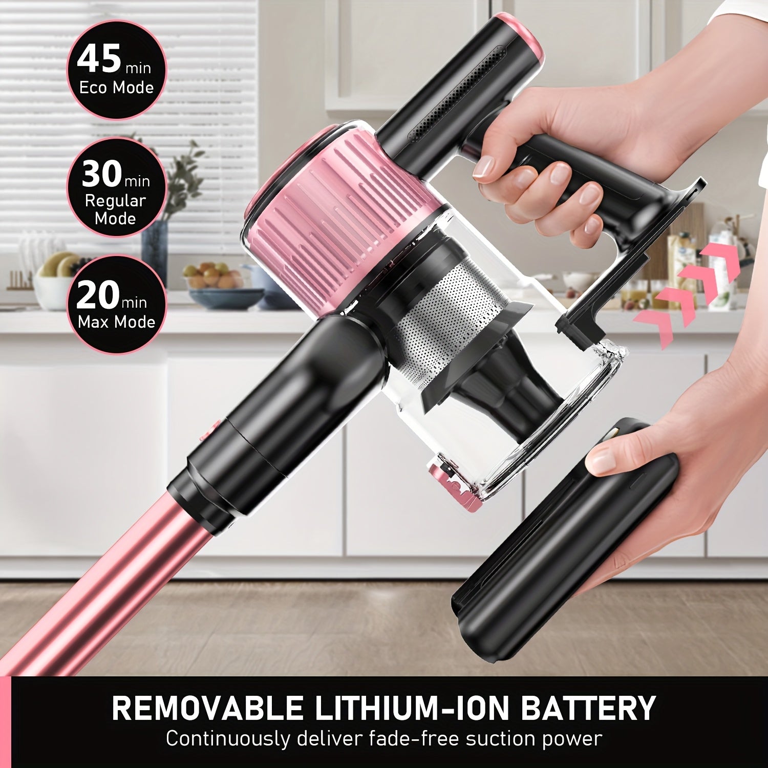 Cordless Vacuum Cleaner, 8-in-1 Lightweight Stick Vacuum Powerful Suction, 3 Suction Modes, LED Display, Anti-Tangle Vacuum Cleaner for Home, Hard Floor, Carpet, Pet Hair, Pink