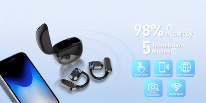 Real-Time AI Translator Earbuds 156 Languages & Accents – OWS Open-Ear 3-in-1 Translation Earbuds, Long Battery Life, Instant Voice Translation for Travel, Business & Study – Black