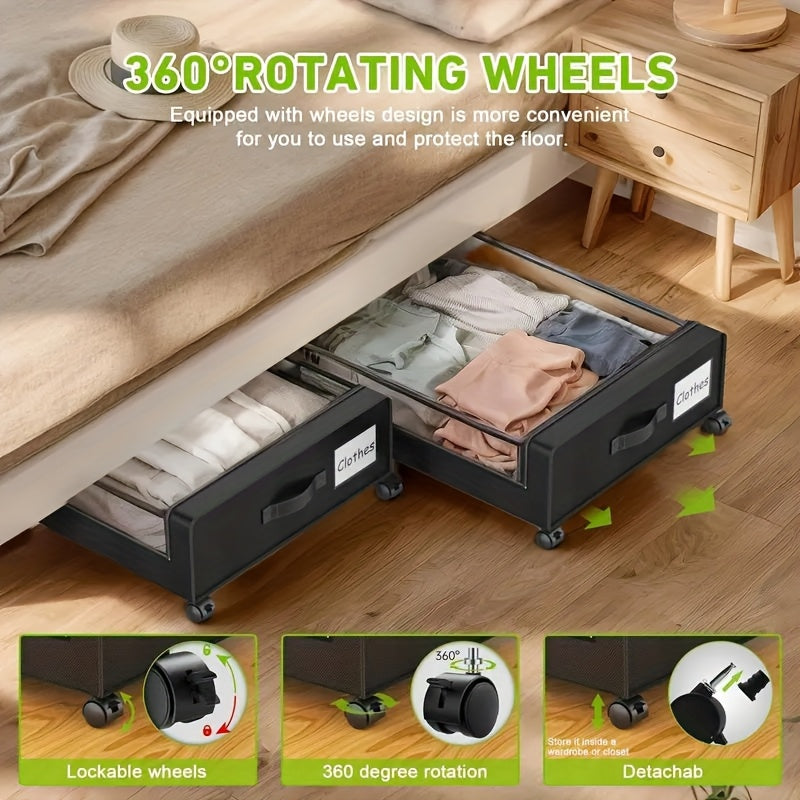 Set of 2 Rolling Storage Bins for Under The Bed, Featuring Transparent Lids, Ideal for Organizing Clothes, Shoes, And, in a Sleek Black Design, Under-Bed Storage