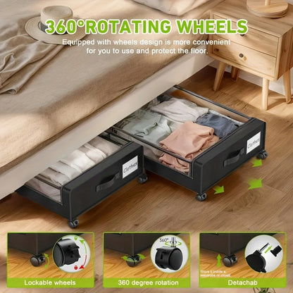 Rolling Under Bed Storage Bins Set of 2 with Transparent Lids & Wheels, Clothes Shoes Organizer Containers, Space-Saving Bedroom Closet Drawers, Black Under-Bed Storage Boxes