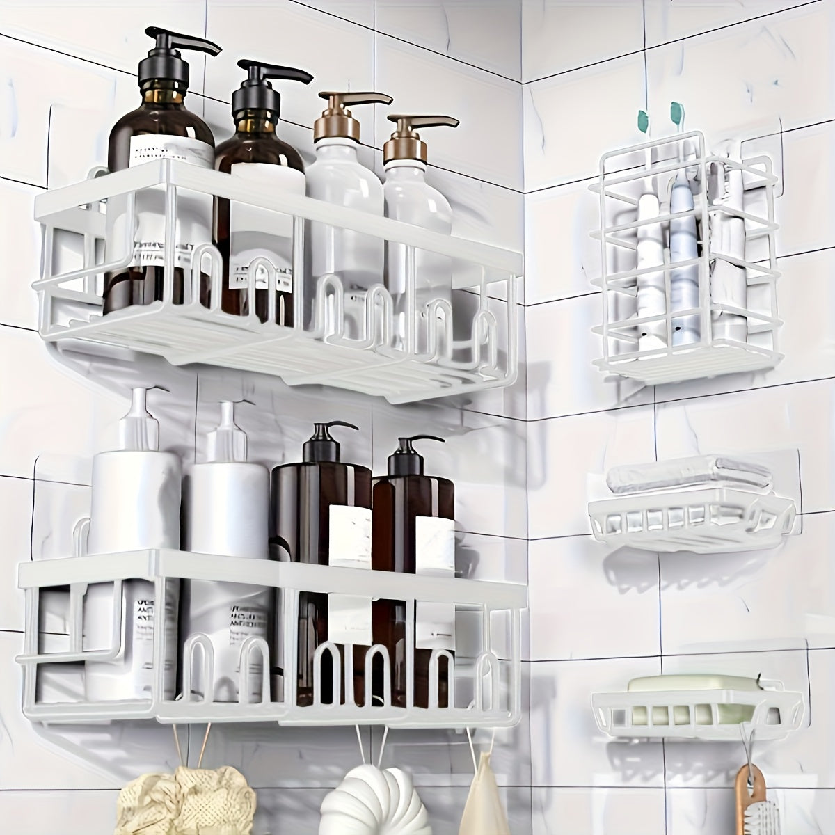 Adhesive Shower Caddy Organizer 5-Pack – No Drilling Rustproof Stainless Steel Shower Shelves with Soap Holder, Wall-Mounted Bathroom Storage Rack for Renters & Families