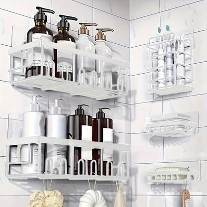 Adhesive Shower Caddy Organizer 5-Pack – No Drilling Rustproof Stainless Steel Shower Shelves with Soap Holder, Wall-Mounted Bathroom Storage Rack for Renters & Families