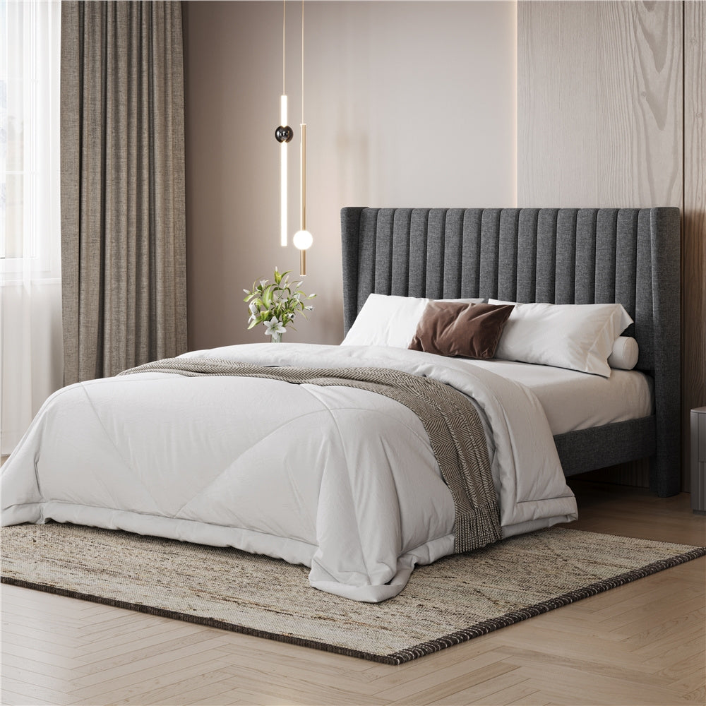 Upholstered Platform Bed Frame with Channel Tufted Headboard and Wing Side - Fabric Bed No Box Spring Needed, Wood Slat Support, 800 lb Capacity, King Queen Full, Ivory Dark Gray Black Canada