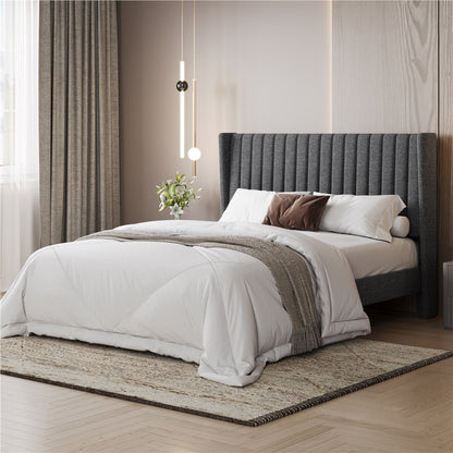 Upholstered Platform Bed Frame with Channel Tufted Headboard and Wing Side - Fabric Bed No Box Spring Needed, Wood Slat Support, 800 lb Capacity, King Queen Full, Ivory Dark Gray Black Canada