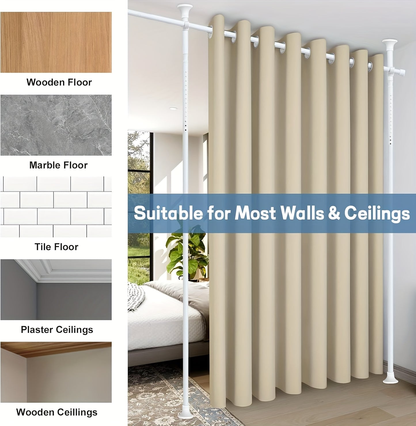 Tension Curtain Rod Floor to Ceiling No Drill – Adjustable Heavy Duty Freestanding Room Divider, 28-139" Wide 48-120" High, 55lb Capacity, Black & White | Canada