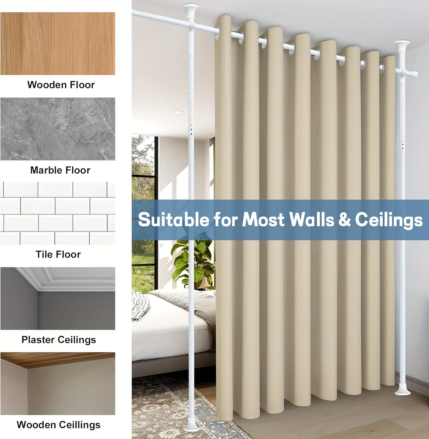 Room Dividing Tension Curtain Rod, No Drilling Freestanding Room/Wall Divider Rod, Adjustable Heavy Duty Floor to Ceiling Self Stand