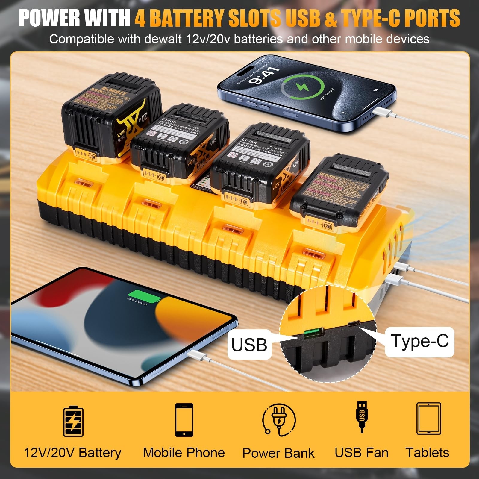 4-Port DeWalt Battery Charger Station – 12V/20V MAX Replacement for DCB104, 3A Fast Charge, USB & Type-C Ports, Wall-Mount & Portable, Compatible with DCB127 DCB200 DCB203 DCB606 & More