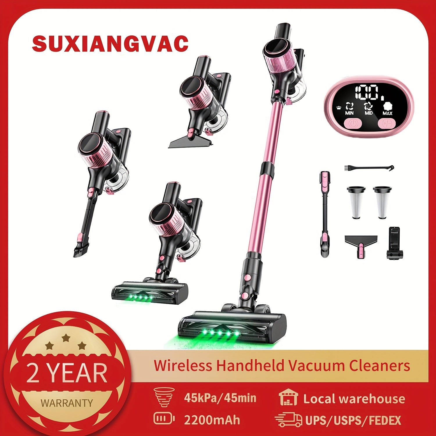 Cordless Vacuum Cleaner, 8-in-1 Lightweight Stick Vacuum Powerful Suction, 3 Suction Modes, LED Display, Anti-Tangle Vacuum Cleaner for Home, Hard Floor, Carpet, Pet Hair, Pink
