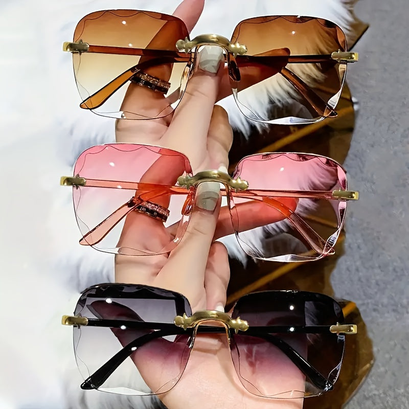 3 Pairs of Fashion Frameless Square Glasses, Unisex- Gradient Tortoiseshell Design, Golden Tone Frame and Decorative Lenses, Perfect Choice for Daily Wear