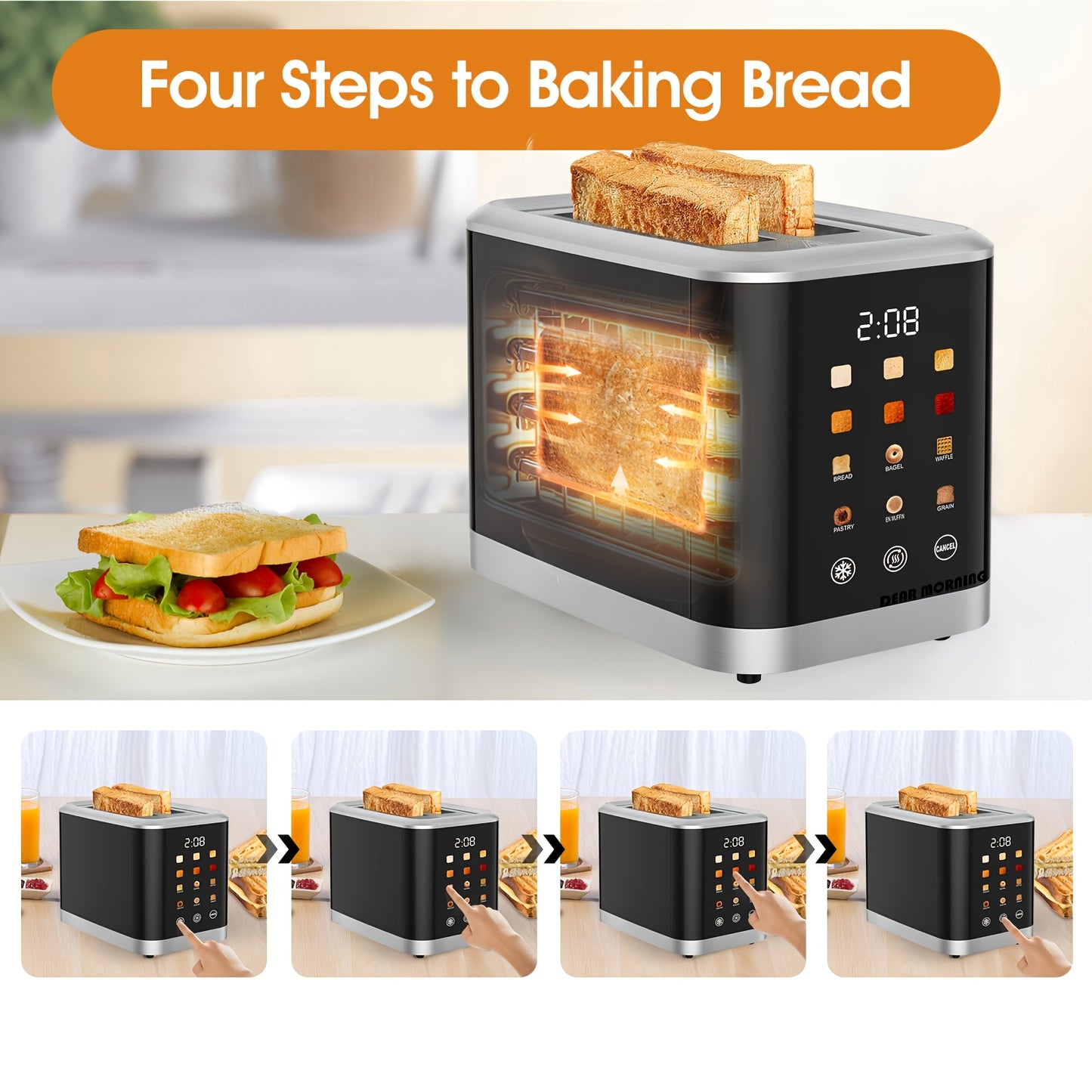 Smart Toaster 2 Slice Touchscreen with LCD Display – 6 Toasting Levels, 6 Shade Settings, Bagel Defrost Cancel, Stainless Steel Digital Timer, 750W–1000W Countertop Toaster for Canadian Kitchens, Black