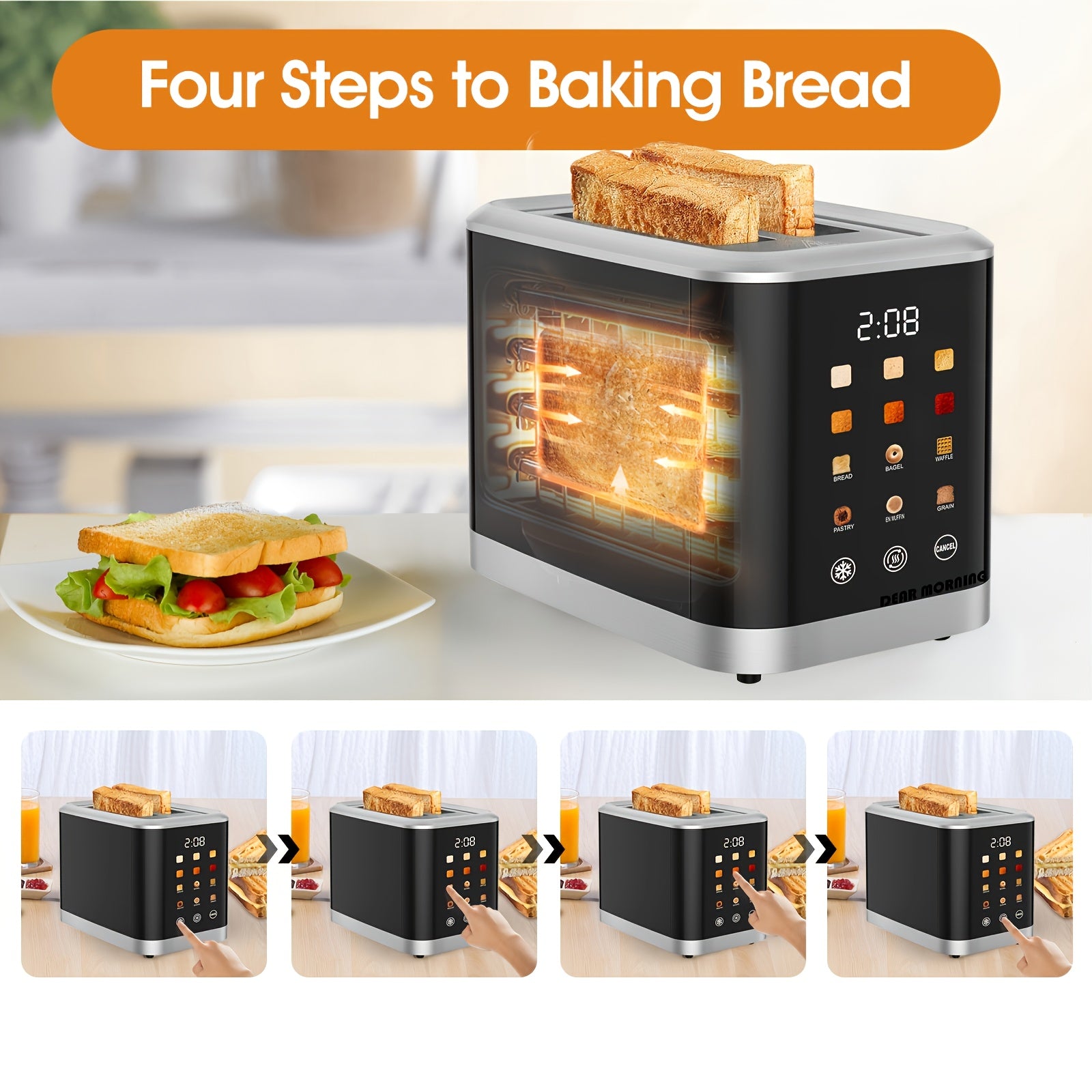 [Smart Touchscreen Toaster] 2-Slice Smart Touchscreen Toaster with LCD Display, 6 Toasting Levels & 6 Shade Settings, Stainless Steel Digital Timer, Bagel Cancel & Defrost Function, 750W-1000W Power, 110-130V US Plug - Black & Gray, Kitchen Appliance