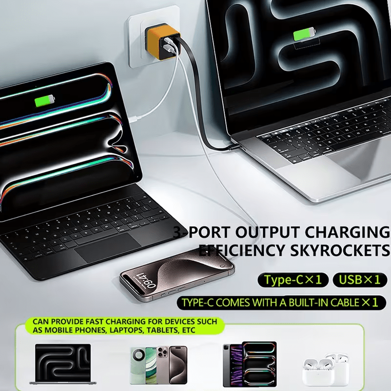 Latest Gan Technology: 80W 3-Port Quick Charger with Retractable Cable - Extremely Compact - Cool to The Touch - PD/QC 3.0 Compatible with Iphone 17/16/15/14/13/12/11, And Ipad