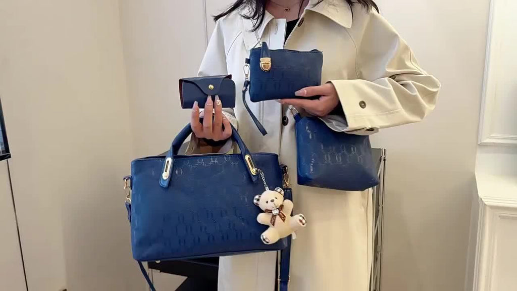 4pcs Retro Fashion Embossed Women'S Bag, Simple Large Capacity Tote Bag, Casual Versatile Single Shoulder Crossbody Bag, A Random Bear Pendant, Portable Handbag, Suitable For Daily Commuting, Travel For Best Birthday Gifts