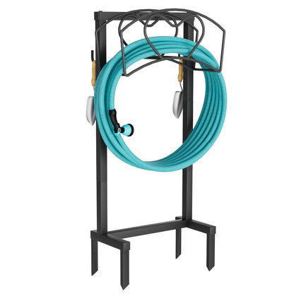 Garden Hose Holder Freestanding with 4 Ground Spikes – Detachable Outdoor Water Hose Reel Stand, Space-Saving Rust-Resistant Hose Rack for Yard, Lawn & Garden, Black