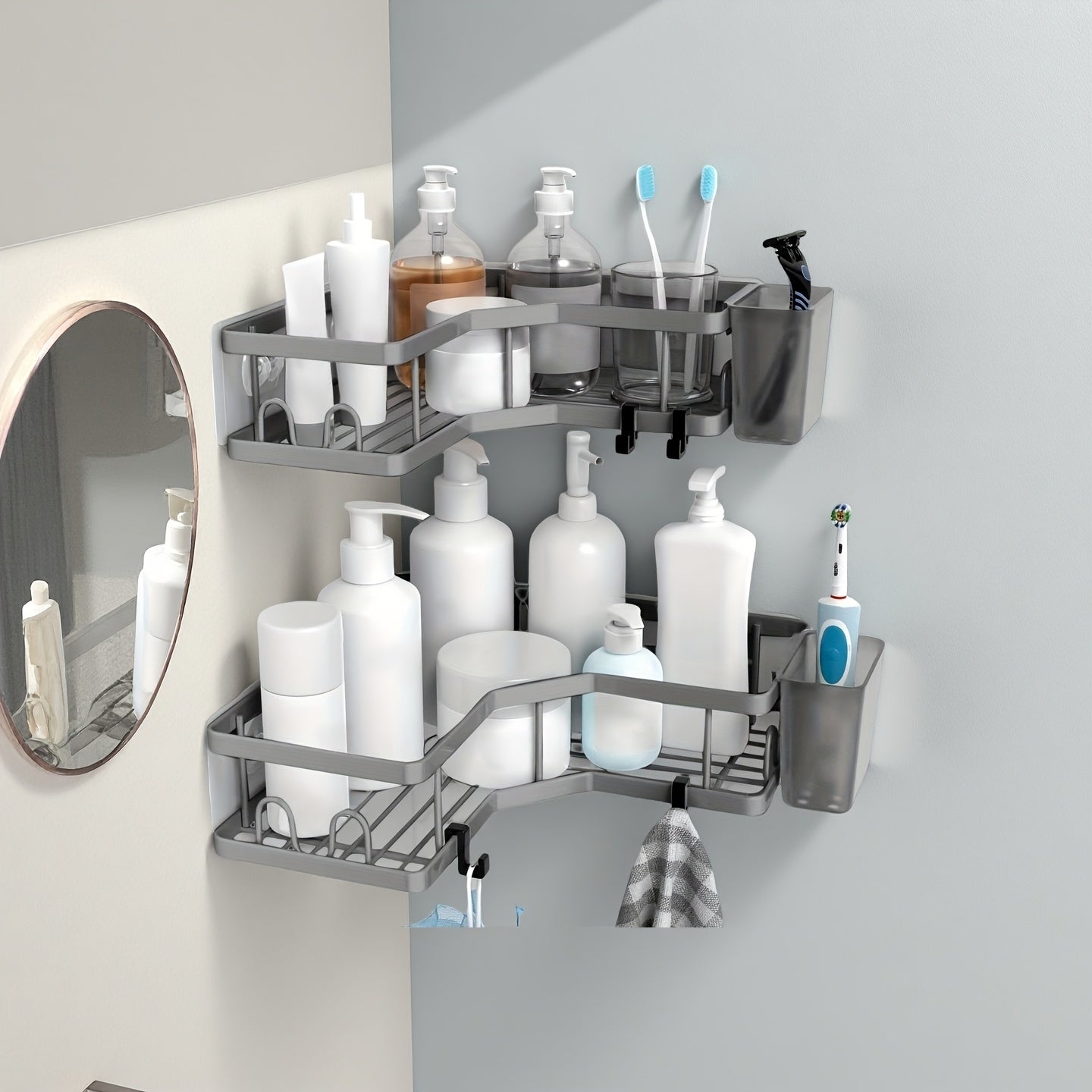 Corner Shower Caddy 2 Pack Adhesive No Drilling – Stainless Steel Shower Corner Shelf Organizer with Hooks & Toothpaste Holder for Bathroom, Kitchen & Dorm Storage