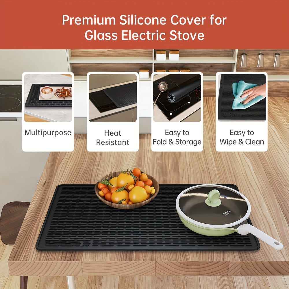 1pc Extra Large Silicone Stove Top Cover Mat, 28"x20" Heat Resistant Cooktop Protector for Glass Stovetop, Flat RV Range Cover, Multipurpose Countertop & Dish Drying Mat, Black